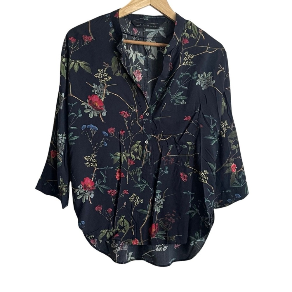 Zara Women Cottagecore Dark Romance Floral Top S Black Botanical Fairy High‎ Low